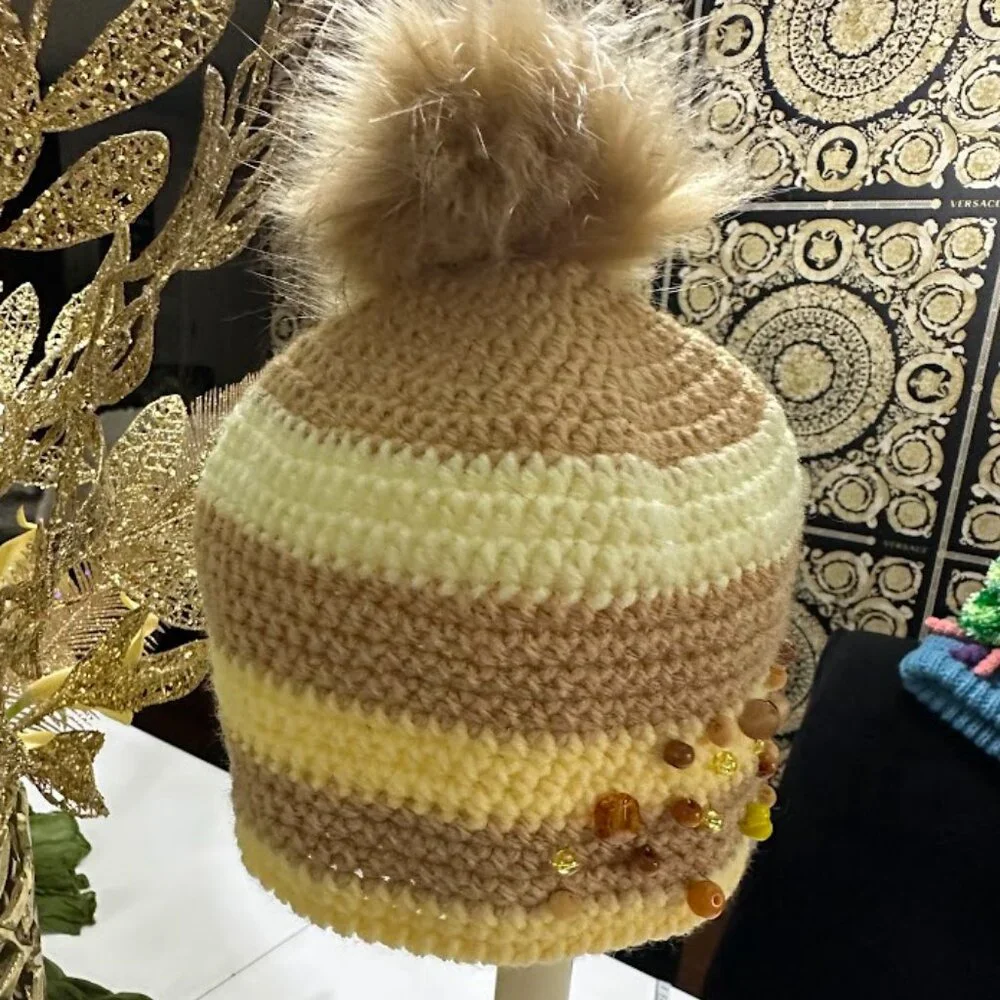 Handmade Crochet Beanie Hat With Pom Pom And Amber Bead Embellishments